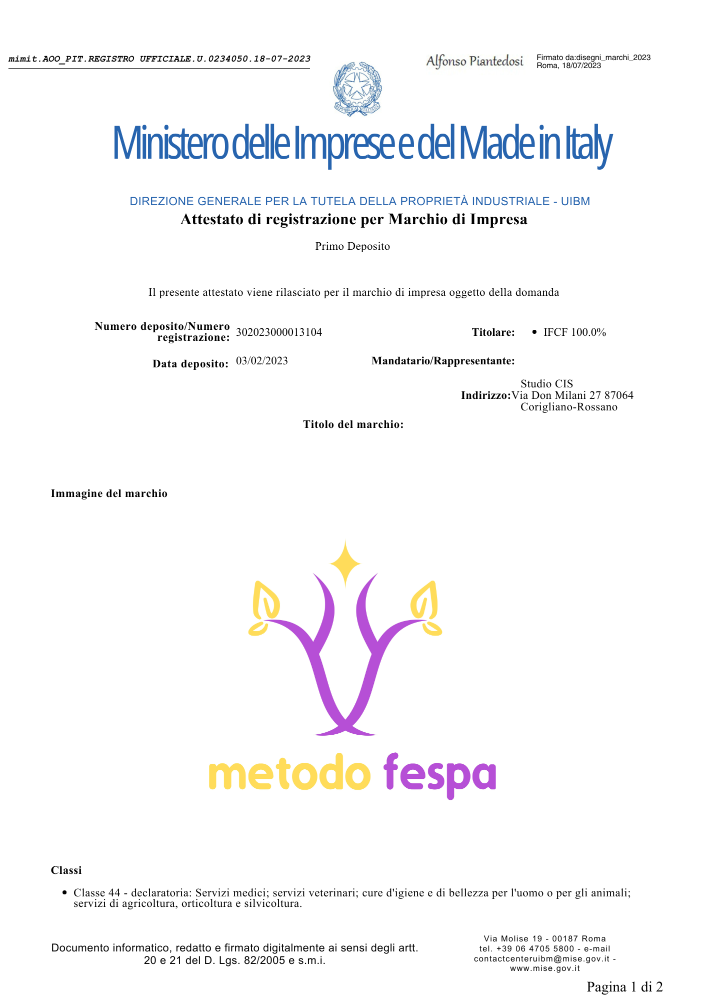 Attestato di registrazione del marchio Metodo FESPA (1)