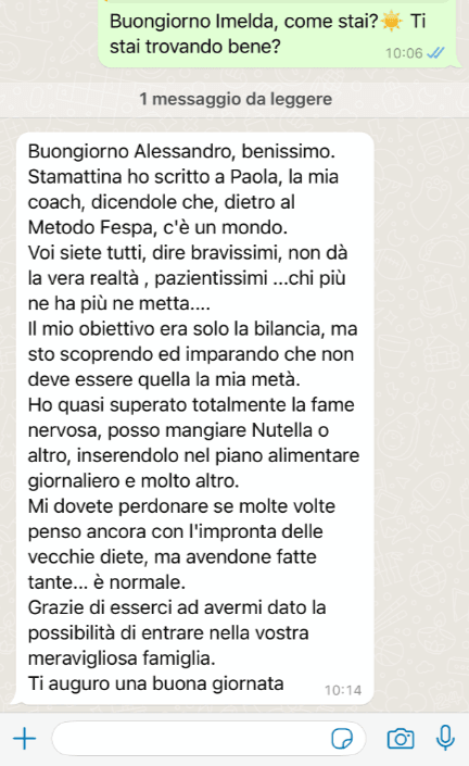 Messaggio reale di una cliente del Metodo FESPA