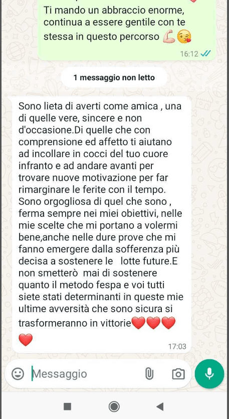 Messaggio reale di una cliente del Metodo FESPA